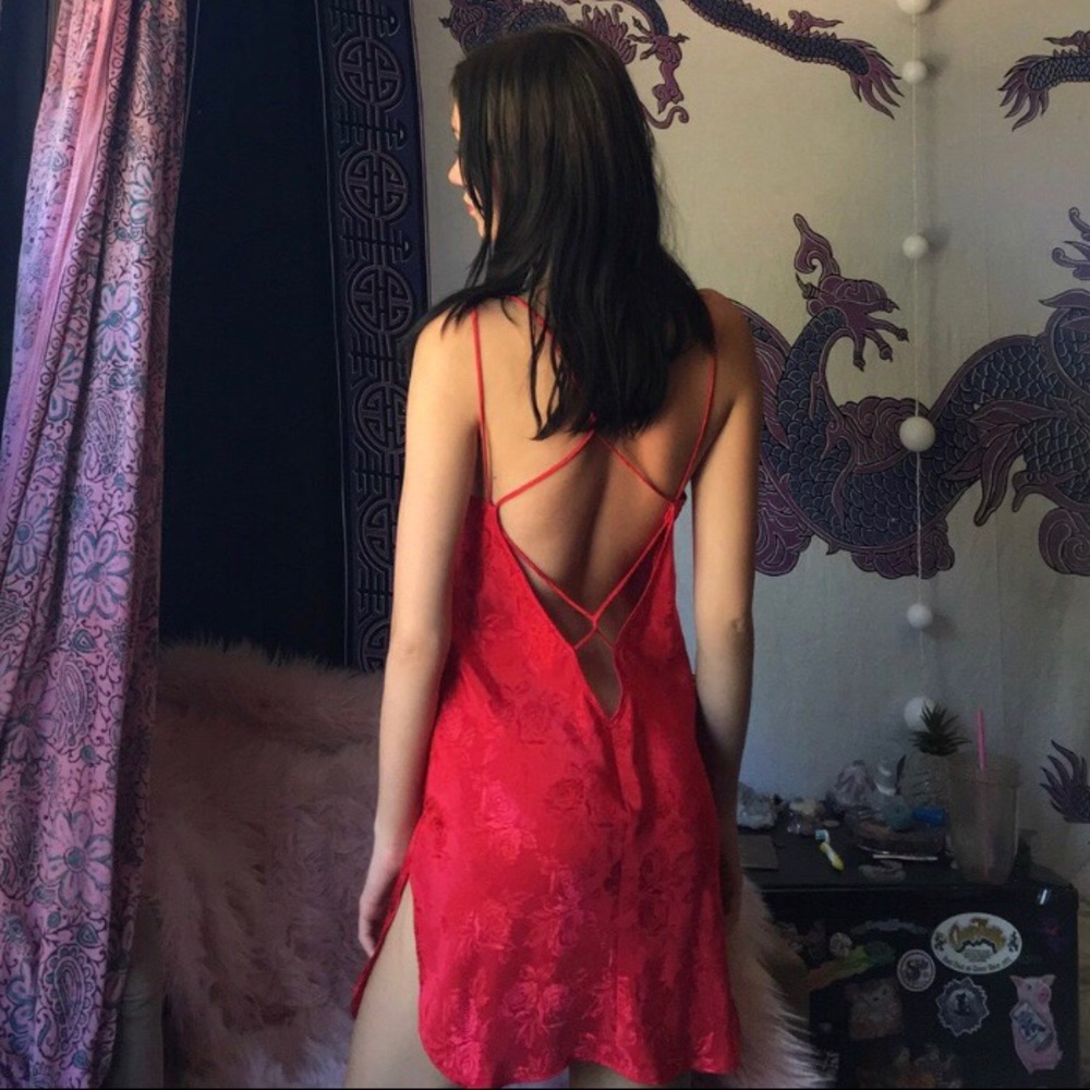 Red satin slip dress